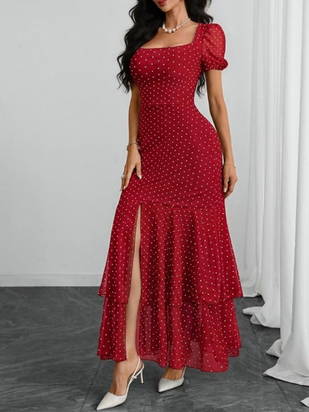 Red Polka Dot Square Neck Puff Sleeve High Slit Maxi Dress